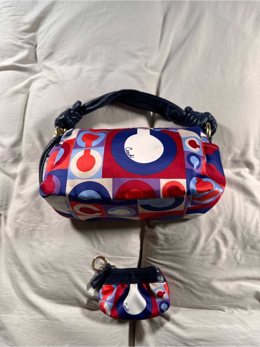 Coach J0882-13219 Madison Satin Scarf Graphic OP Art Handbag Purse + Coin Pouch